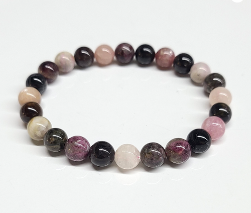 Multi Color Tourmaline Round Bead Bracelet - Stone of Joy & Emotional Healing